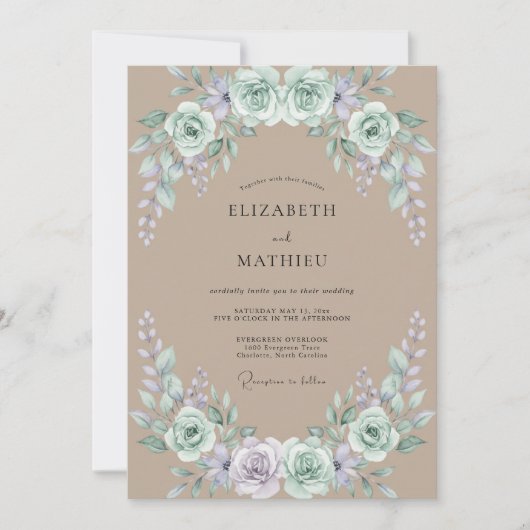 Taupe Mint Ranunculus Stof Eucalyptus Bruiloft Kaart (Voorkant)