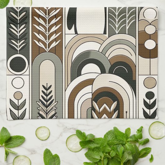 Taupe Mocha Abstracte Grain Bogen Patroon Pinguïn Theedoek (Gevouwen)