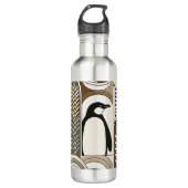 Taupe Mocha Abstracte Grain Bogen Patroon Pinguïn Waterfles (Voorkant)