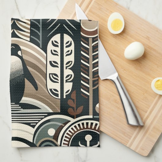 Taupe Mocha Ivoor Pinguïn Bos met Boogbogen Theedoek (Quarter Fold)