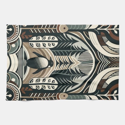 Taupe Mocha Ivoor Pinguïn Bos met Boogbogen Theedoek (Horizontaal)