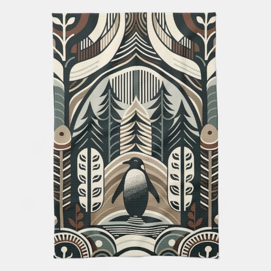 Taupe Mocha Ivoor Pinguïn Bos met Boogbogen Theedoek (Verticaal)