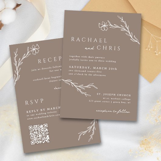 Taupe Mocha Simple Boho Floral Botanical QR Code Kaart