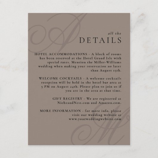 Taupe Modern Edge Elegant Monogram Details Informatiekaartje (Voorkant)