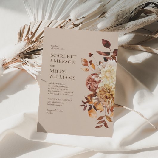 Taupe Modern Herfst Terracotta Floral Wedding Kaart