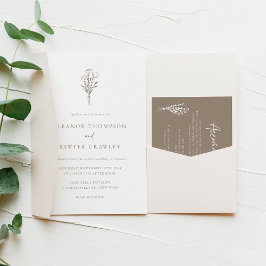 Taupe Modern Minimalistisch Bloemen Boeket Bruilof Kaart