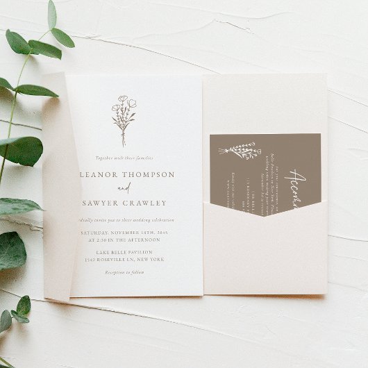Taupe Modern Minimalistisch Bloemen Boeket Bruilof Kaart