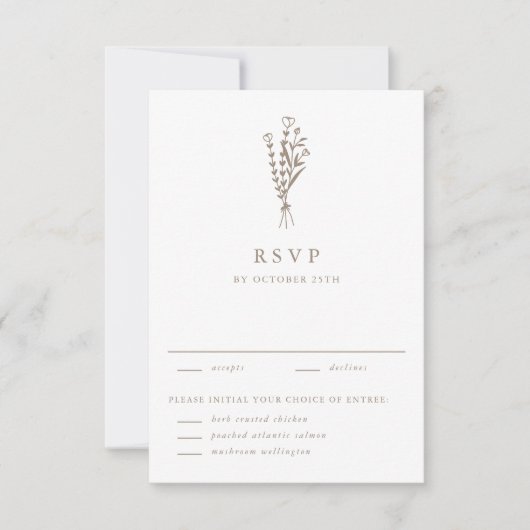 Taupe Modern Minimalistisch Bloemen Boeket Bruilof RSVP Kaartje (Voorkant)