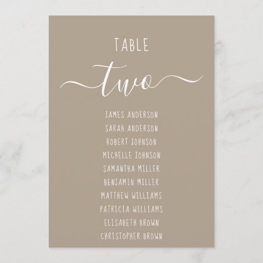 Taupe Modern White Script Brown Seating Chart Card (Achterkant)