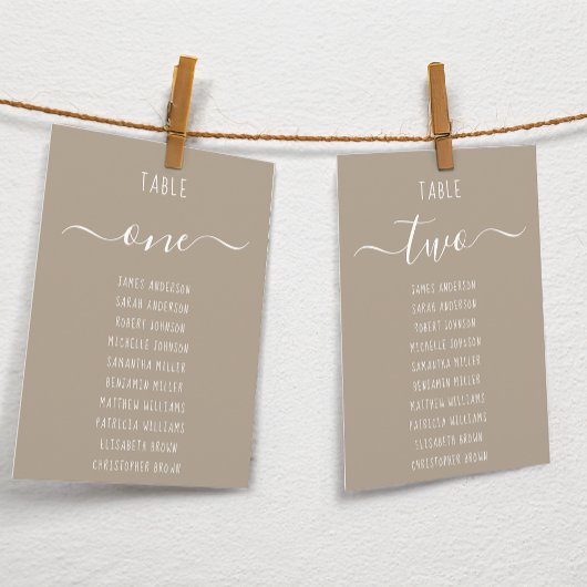Taupe Modern White Script Brown Seating Chart Card