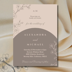 Taupe Monogram Floral Minimalist Japandi Wedding Kaart