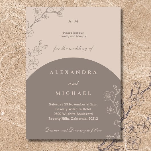 Taupe Monogram Floral Minimalist Japandi Wedding Kaart