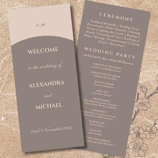 Taupe Monogram Minimalistische Japanse bruiloft Programmakaart