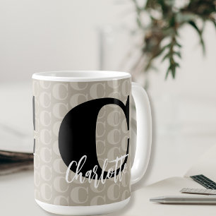 Taupe Monogram Patroon Zwart Wit Script Naam Koffiemok