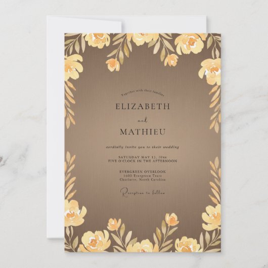 Taupe Mosterd Wilde Bloemen Bruiloft Kaart (Voorkant)