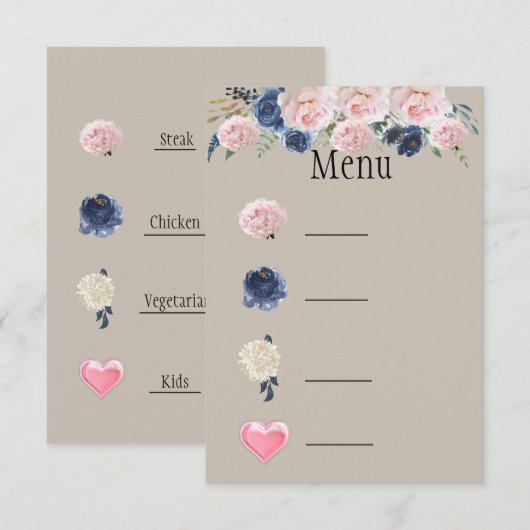 Taupe Navy Blauwe Roze Pioen Menu Symbolen (Voorkant / Achterkant)