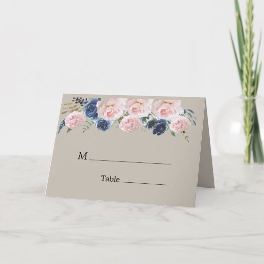 Taupe Navy Blue Pink Peony Wedding Place Kaarten (Voorkant)