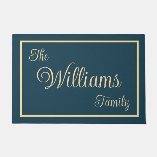 Taupe Navy Elegante Script Naam Welkomstgeschenk Deurmat (Voorkant)