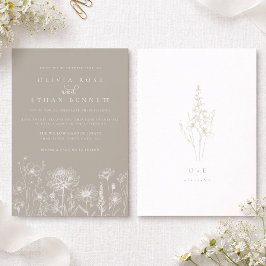 Taupe Neutral Wildflower Wedding Invitation Kaart