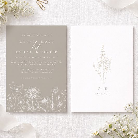 Taupe Neutral Wildflower Wedding Invitation Kaart