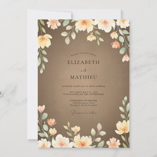 Taupe Oker Wilde Bloemen Bruiloft Kaart (Voorkant)