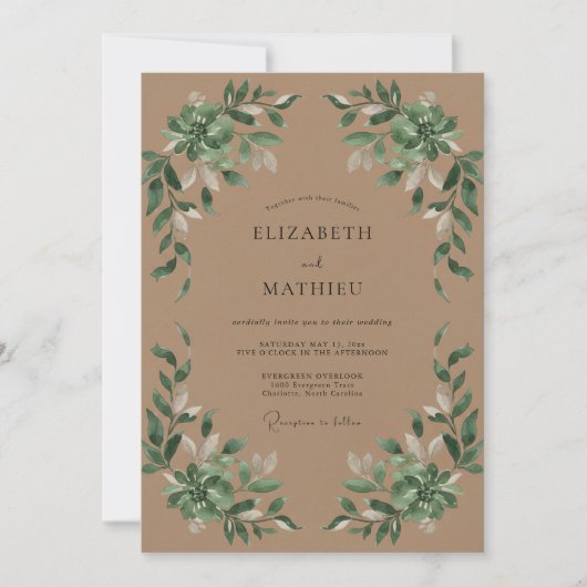 Taupe Olijfblad Bruiloft Kaart (Voorkant)