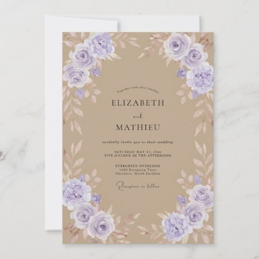 Taupe Paarse Rozen Bruiloft Kaart (Voorkant)