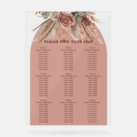 Taupe pampas grass wedding seating chart acryl bord (Voorkant)