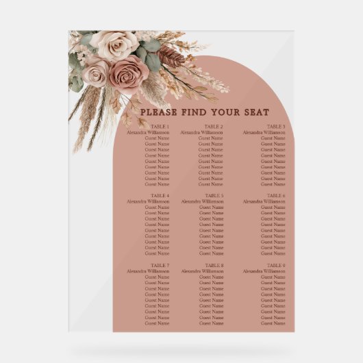 Taupe pampas grass wedding seating chart acryl bord (Voorkant)