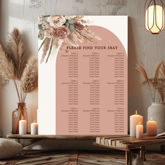 Taupe pampas grass wedding seating chart poster
