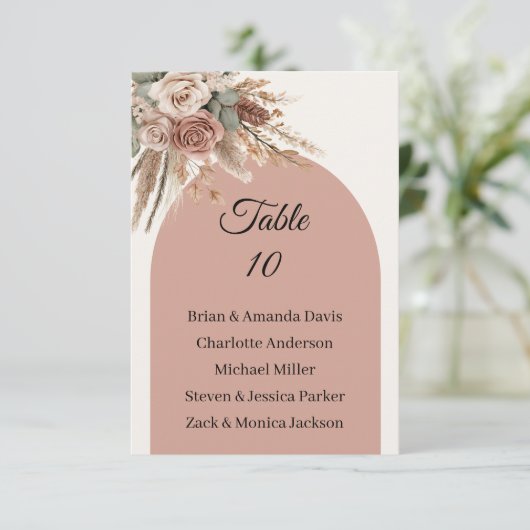 Taupe pampas grass wedding table number names card RSVP kaartje (Staand voorkant)