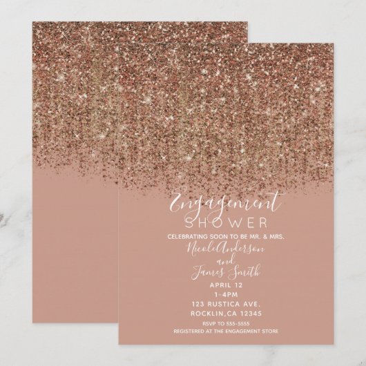 Taupe Pink & Bronze Gold Glitter Verloving Shower Kaart (Voorkant / Achterkant)