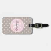 Taupe Polka Dot met roze monogram Bagagelabel (Voorkant horizontaal)
