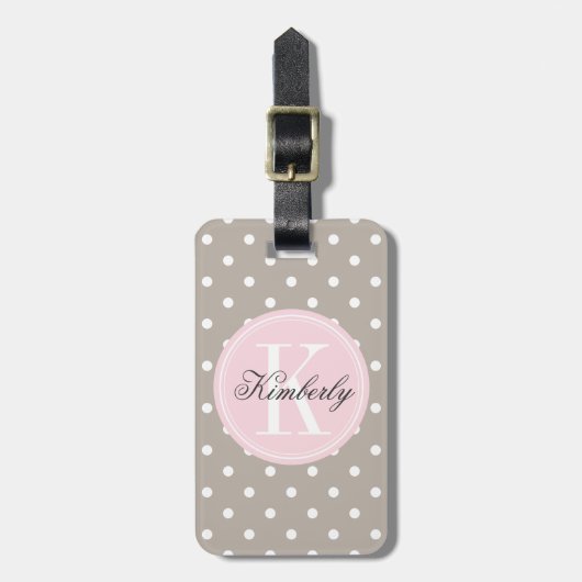 Taupe Polka Dot met roze monogram Bagagelabel (Voorkant verticaal)