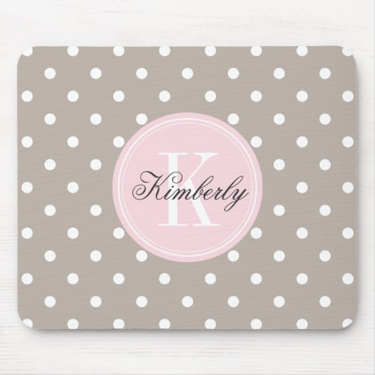Taupe Polka Dot met roze monogram Muismat (Voorkant)