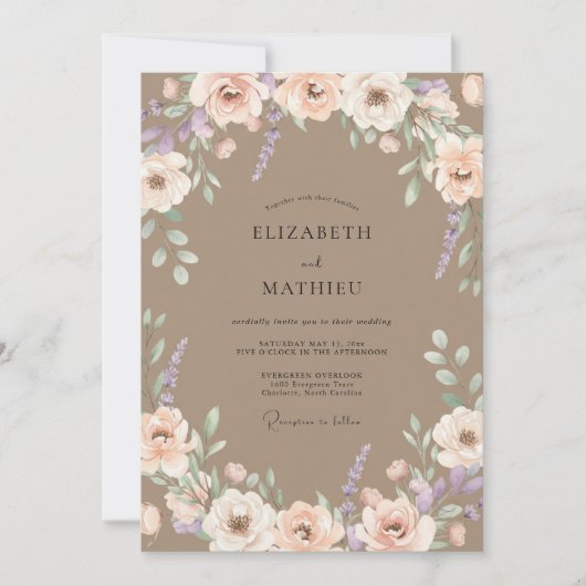 Taupe Pruim Ranunculus Eucalyptus Bruiloft Kaart (Voorkant)