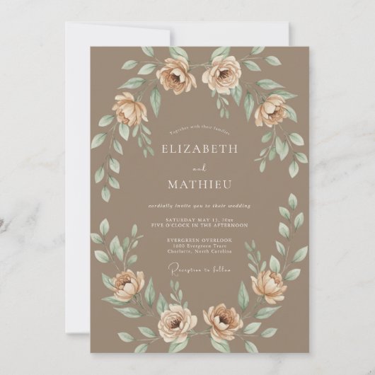 Taupe Ranunculus Krans Bruiloft Kaart (Voorkant)