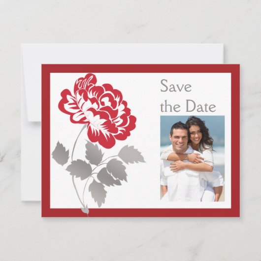 Taupe Red White Peony PHOTO Save the Date Kaart (Voorkant)