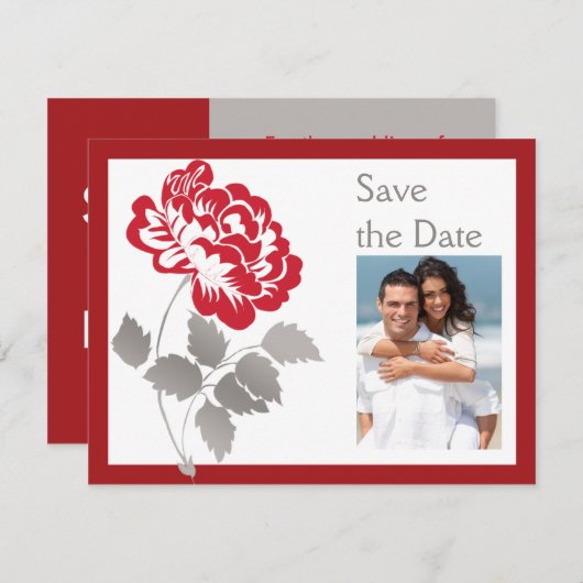 Taupe Red White Peony PHOTO Save the Date Kaart (Voorkant / Achterkant)
