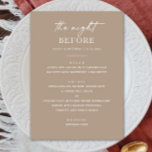 Taupe repetitie diner | De nacht voor Smoky Beige Menu<br><div class="desc">Zet een verfijnde toon voor "The Night Before" met dit elegante repetitie dinermenu in een zacht taupe-palet. Ontworpen voor koppels die houden van strakke lijnen en moderne eenvoud, is deze rokerige, beige minimalistische menukaart perfect voor bruiloften met een neutraal thema, hedendaags of aardestrak. Ideaal voor herfst- of winterrepetities. Volledig aanpasbaar...</div>