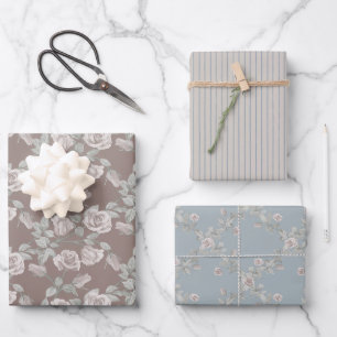 Taupe Roos, Blauwe Streep & Stofblauwe Tralies Inpakpapier Vel