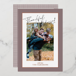Taupe roos gouden folie lijst Thanksgiving gingham Feestdagenkaart