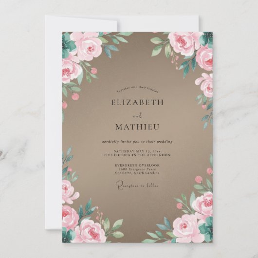 Taupe Roze Blad Bruiloft Kaart (Voorkant)