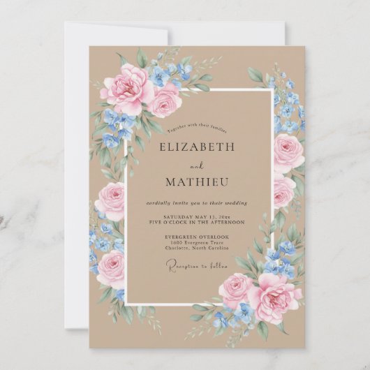 Taupe Roze Bloemblad Bruiloft Kaart (Voorkant)