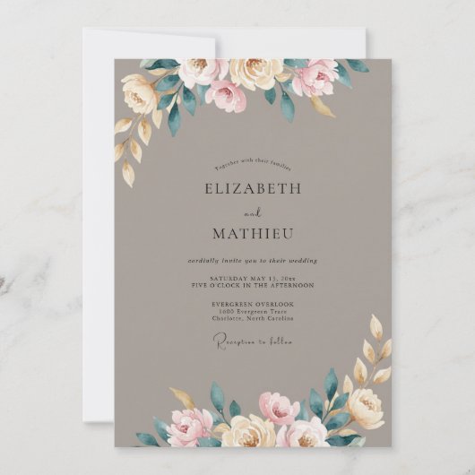 Taupe Roze Blush Ranunculus Eucalyptus Bruiloft Kaart (Voorkant)