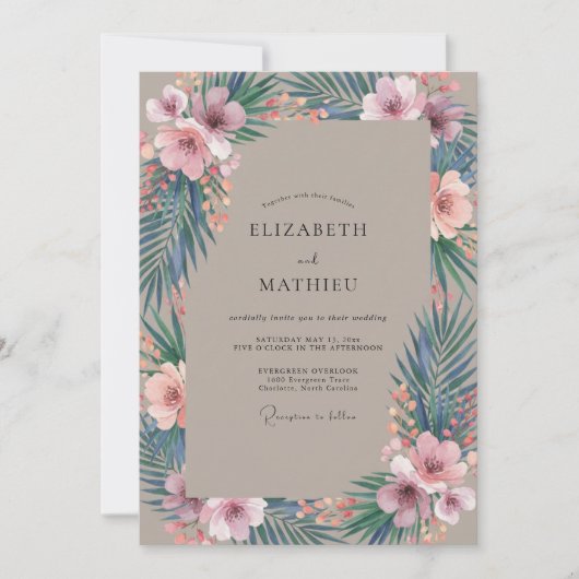 Taupe Roze Palm Eucalyptus Bruiloft Kaart (Voorkant)