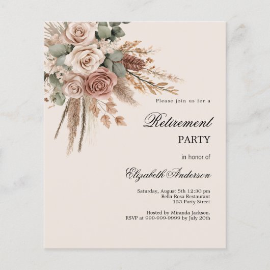 Taupe rozen pampas pensioenfeestuitnodiging (Voorkant)