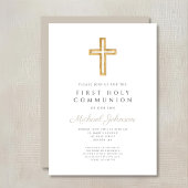 Taupe Script Religieus Kruis Jongen Eerste Communi Kaart