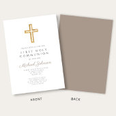 Taupe Script Religious Cross Boy First Communion Kaart