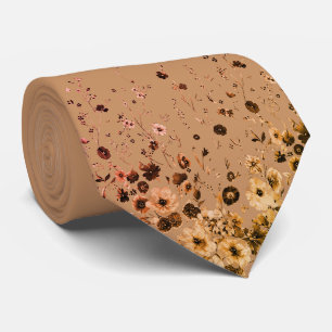Taupe & Sepia Waterverf Bloem Motief Heren Zijden Stropdas
